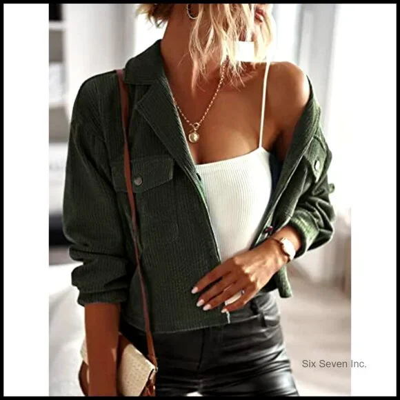 Corduroy Cropped Shacket Casual Button Down Relaxed Fit Y2K Trendy Blazer - Picture 3 of 5